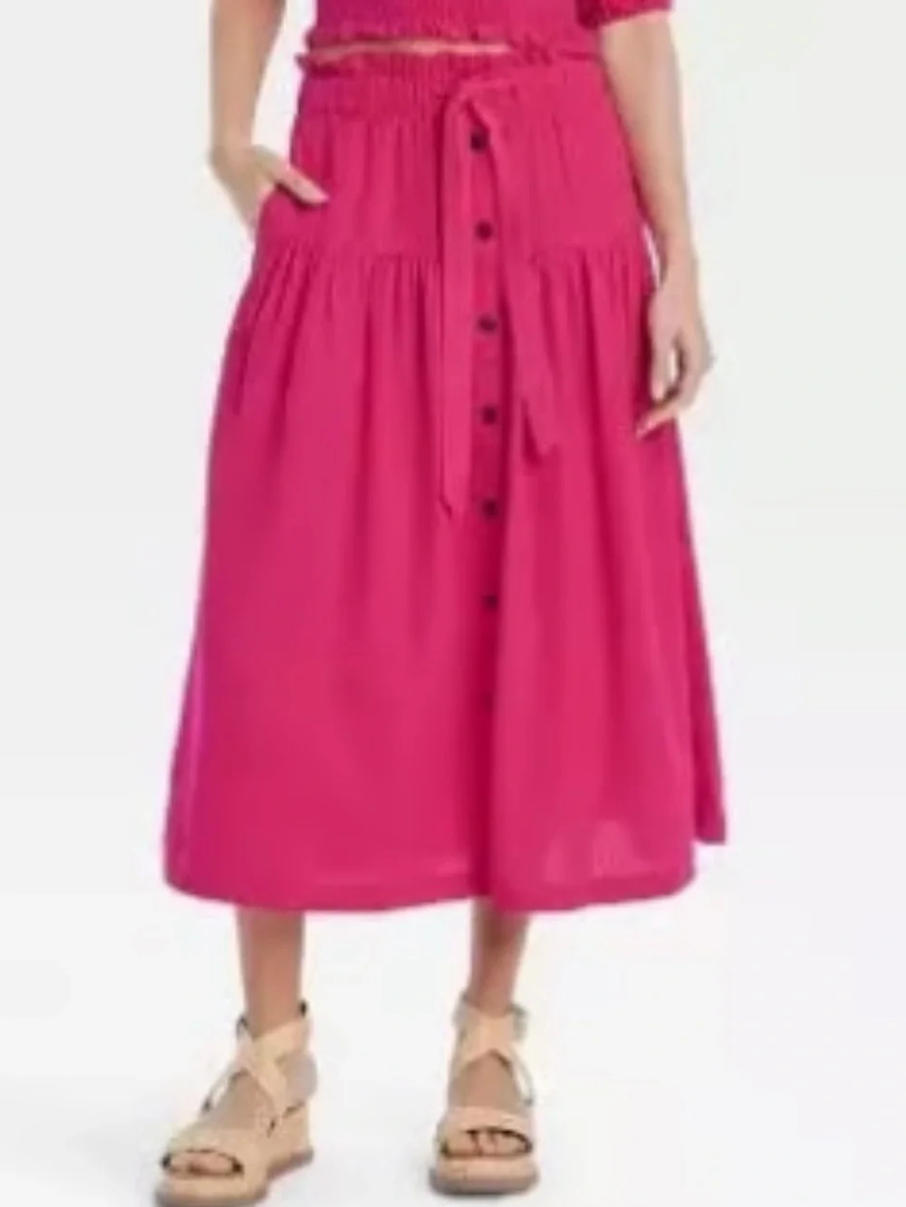 Linen Blend Off-Shoulder Smocked Crop & Midi Skirt Set in Fuchsia Pink